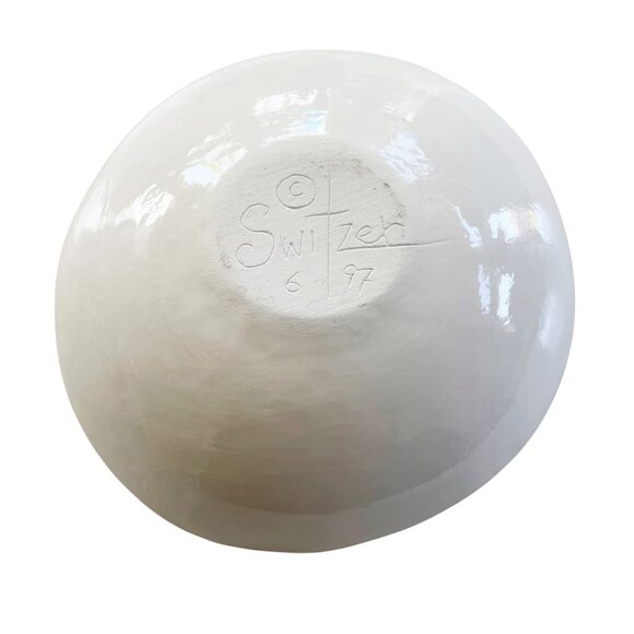 Vintage 1997 Mark Switzer Signed Bowl Orange with Blue Swirl Design 7.5" Wide - Picture 2 of 6